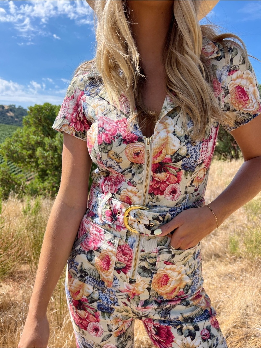 Show Me Your Mumu Jacksonville Floral Denim Belted Jumpsuit S Boho Dusty Meadows - Picture 3 of 15